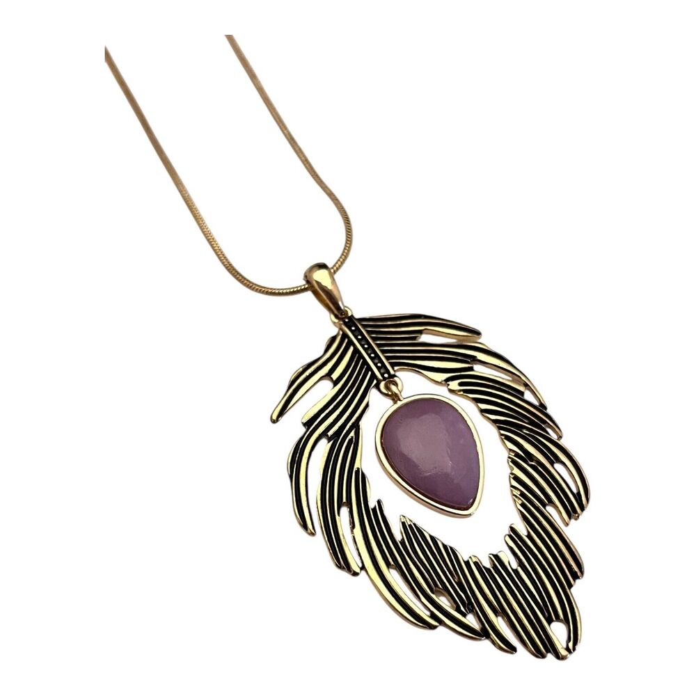 New Antique Gold Tone Pendant Necklace Feather Statement - 11V